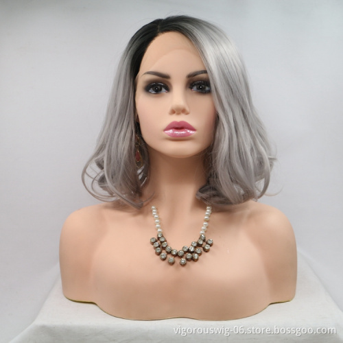 Vigorous ombre short bob premium high quality straight wholesale black women synthetic hair wigs with lace front